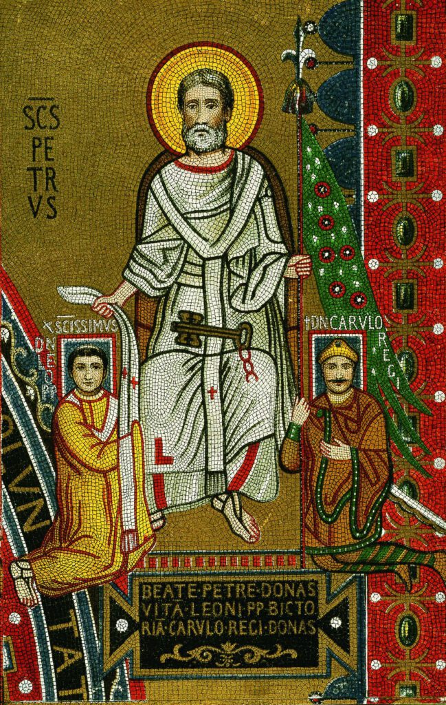 Mosaïque représentant le pape Léon III, à gauche, et Charlemagne, à droite, aux pieds de Saint-Pierre. Charlemagne porte une moustache.
