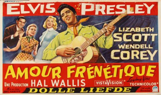 Affiche du film Amour frénétique, avec Elvis Presley, ayant influencé Johnny Hallyday. Symbole du soft power américain au cinéma et dans la musique.