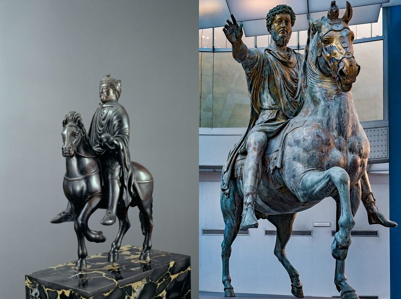 Statues équestres comparées d'un empereur carolingien et de l'empereur Marc-Aurèle.