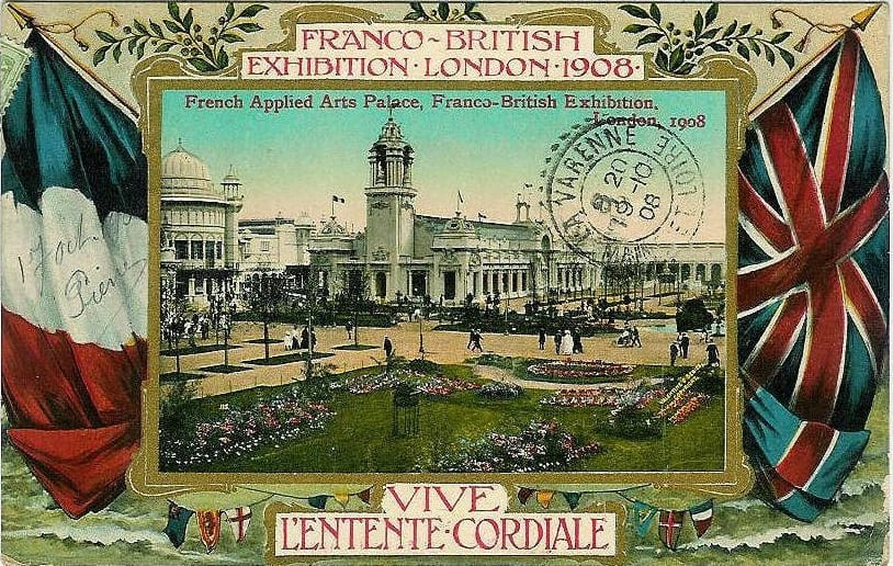 Carte postale dédiée à l'exposition franco-britannique de Londres (1908).