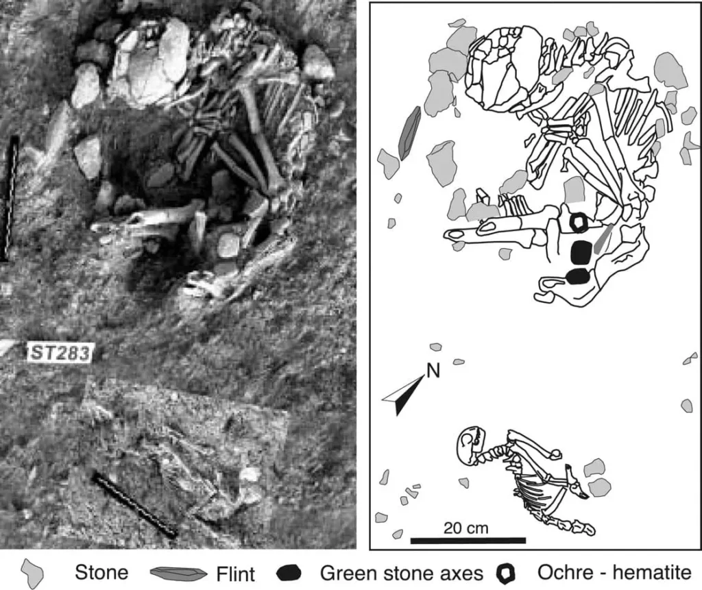 Tombe d'un chat et son probable propriétaire, découverte à Chypre en 2001. Néolithique, période de domestication du chat.