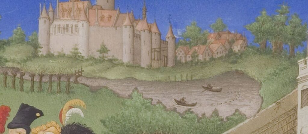 Détail des Très Riches Heures du duc de Berry montrant un étang et des pécheurs.