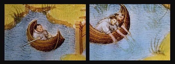 Moines de la Grande Chartreuse péchant et naviguant sur un étang. Détail d'une illustration par Paul Limbourg - XVème siècle.