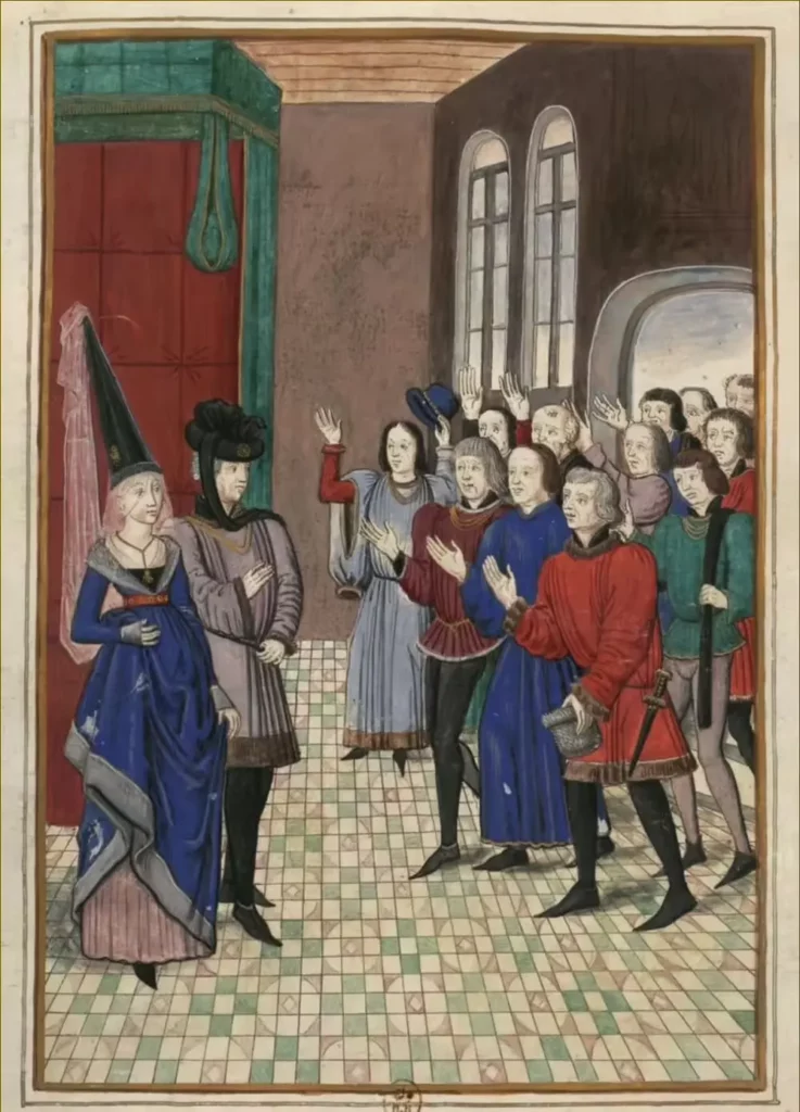 Jean de Montfort et son épouse, Jeanne de Flandre, recevant les hommages à Nantes en 1341, après la mort de son demi-frère le duc Jean III de Bretagne