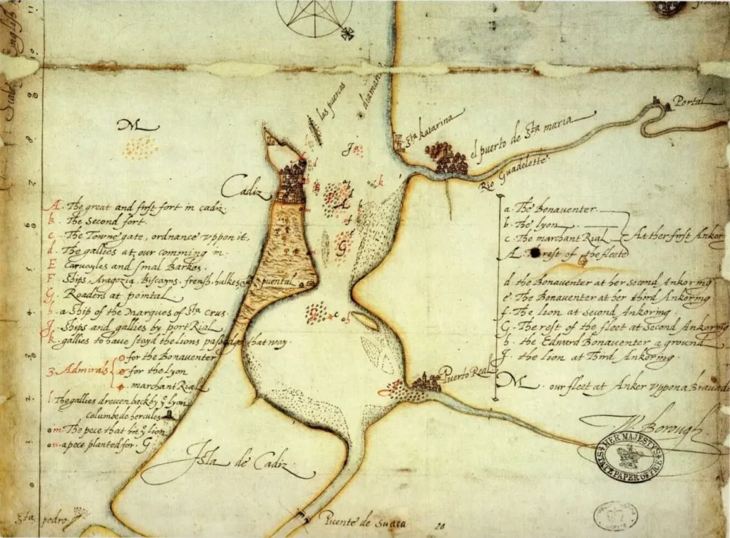 Carte réalisée de la main même de Francis Drake pour décrire son raid sur Cadix - 1587