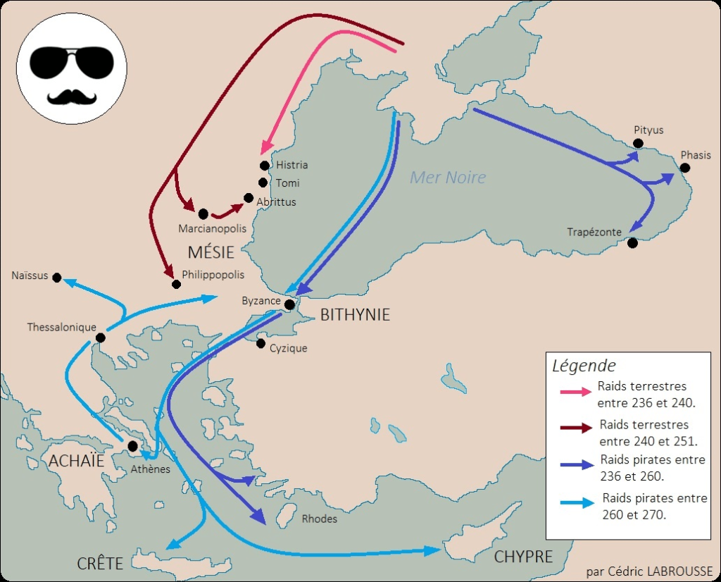 Cartes des raids et attaques pirates Goths contre l'empire romain entre 235 et 270.