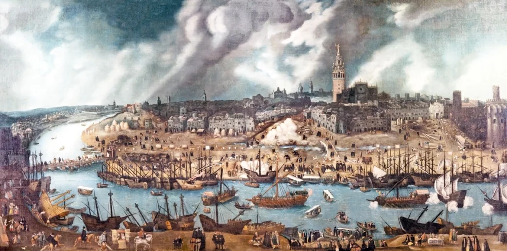 Vue du port de Séville, par Alonso Sanchez Coello.