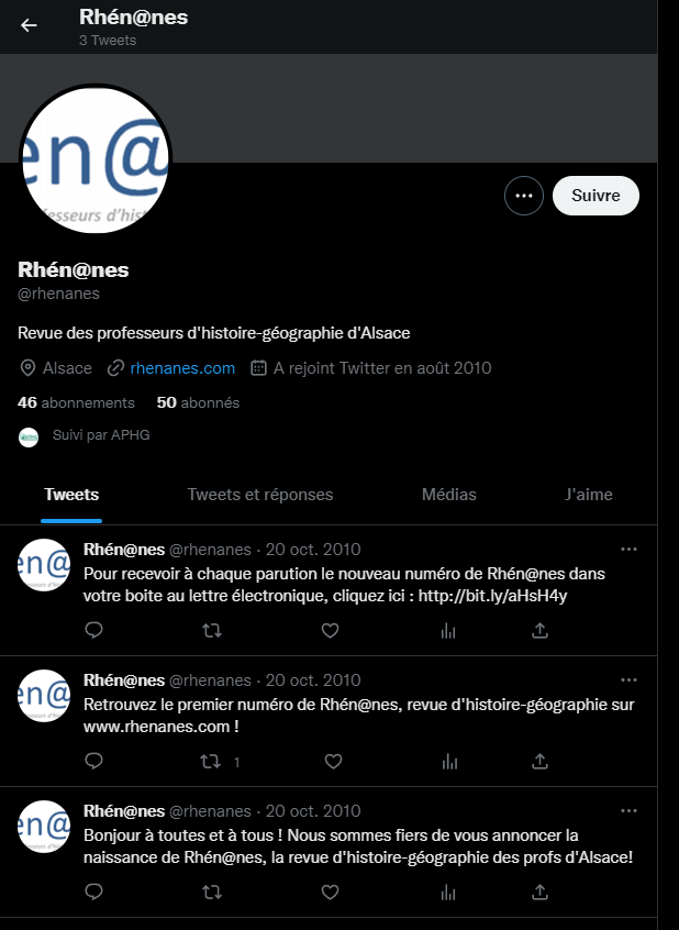 Compte Twitter de la revue Rhénanes, lancé en 2010.