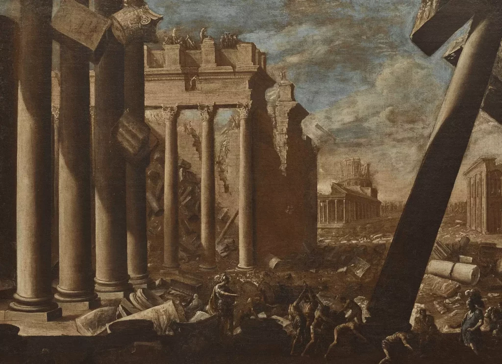 Tremblement de terre dans une cité antique, peinture par Agostino Tassi, vers 1620.