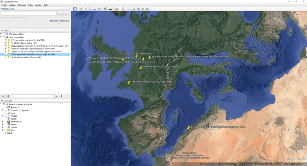 Carte, en repères sur Google Earth, du parcours du général de Gaulle, de sa naissance à son entrée victorieuse dans Paris, en quelques dates.