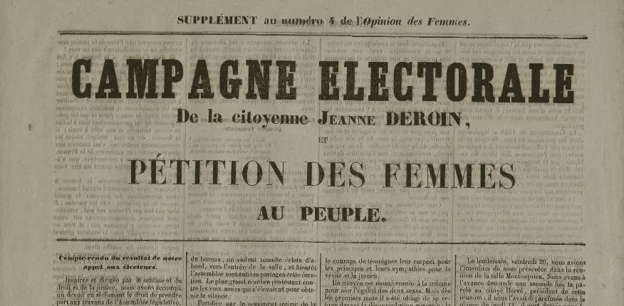 Tribune pour la campagne électorale de Jeanne Deroin en avril 1849.