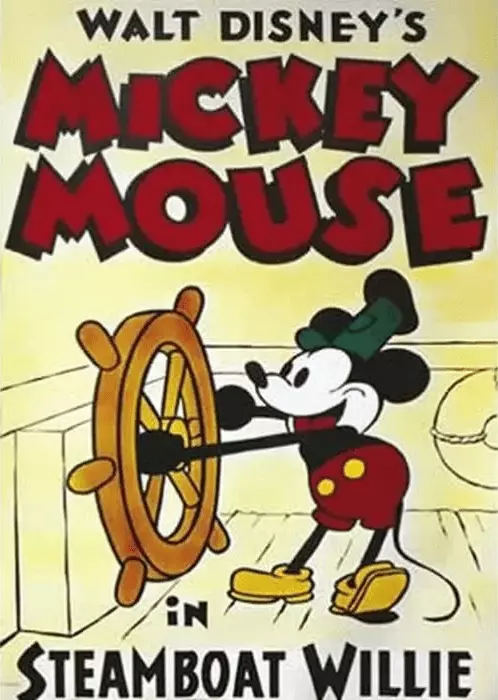 Le film Steamboat Willie, sortie en 1928, mettant en scène Mickey.