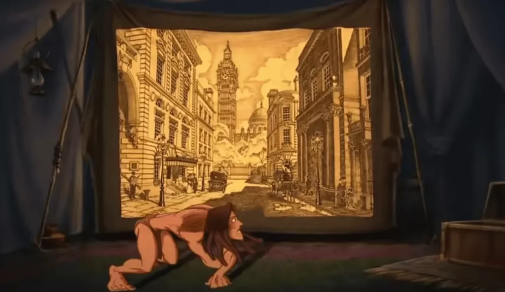 Tarzan, étonné par les projections de Jane, lui faisant découvrir une Angleterre industrielle au XIXème siècle.