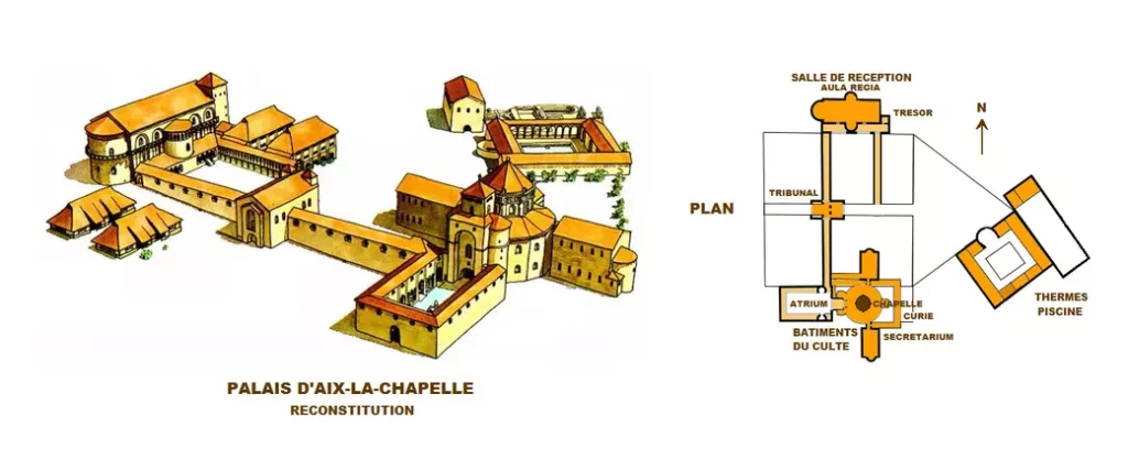 Reconstitution et plan du palais d'Aix-la-Chapelle.